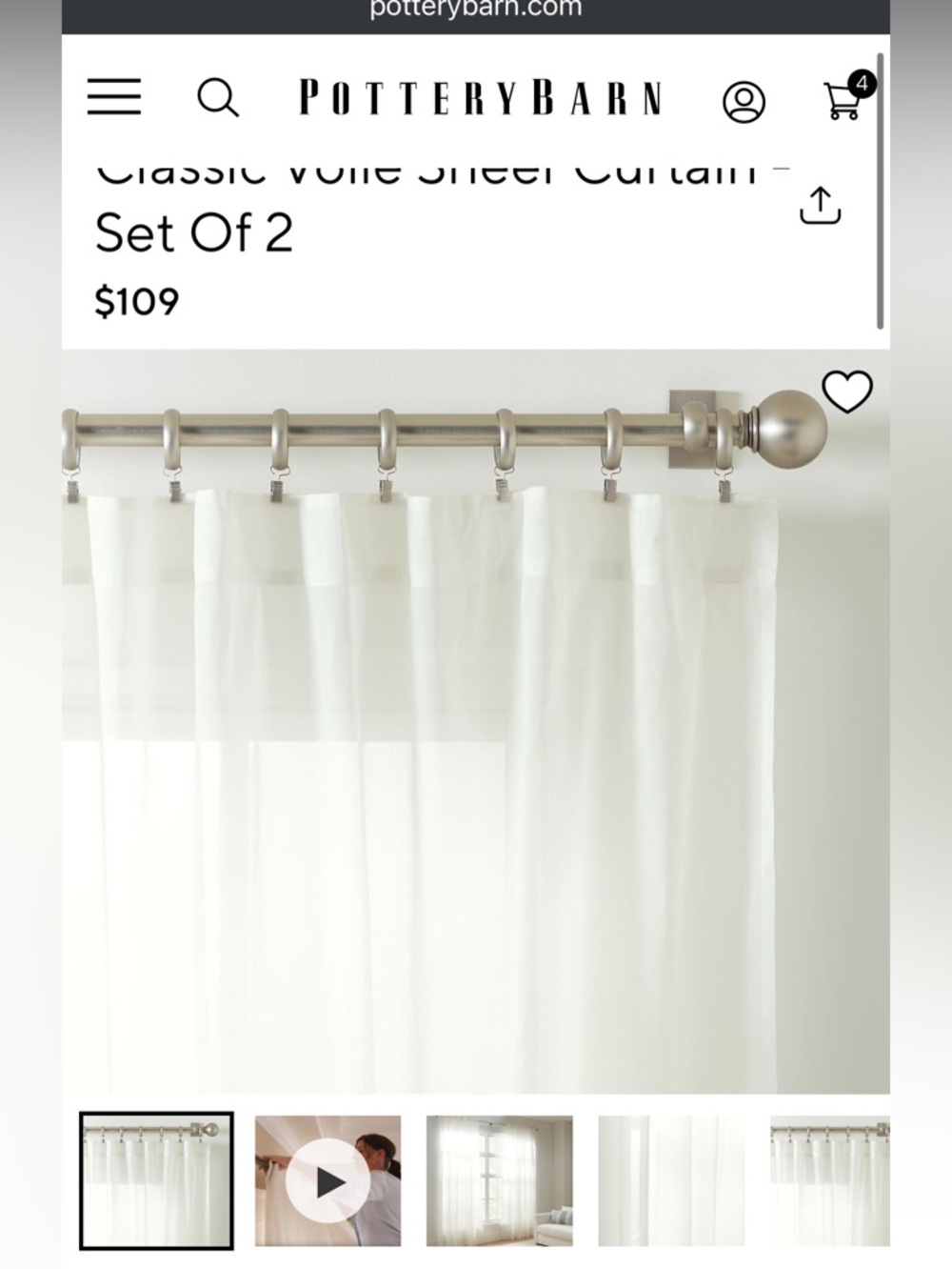 Set of 6 Pottery Barn White Sheer Cotton Voile Curtain Panels 50 x 94”